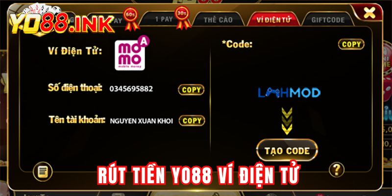 Hướng dẫn rút tiền Yo88 bằng ví điện tử